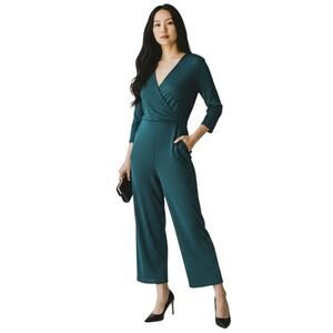 Teal Metallic Stripe Wrap Jumpsuit Wide Leg Cropped Pant Glitter Evening Sze XXL